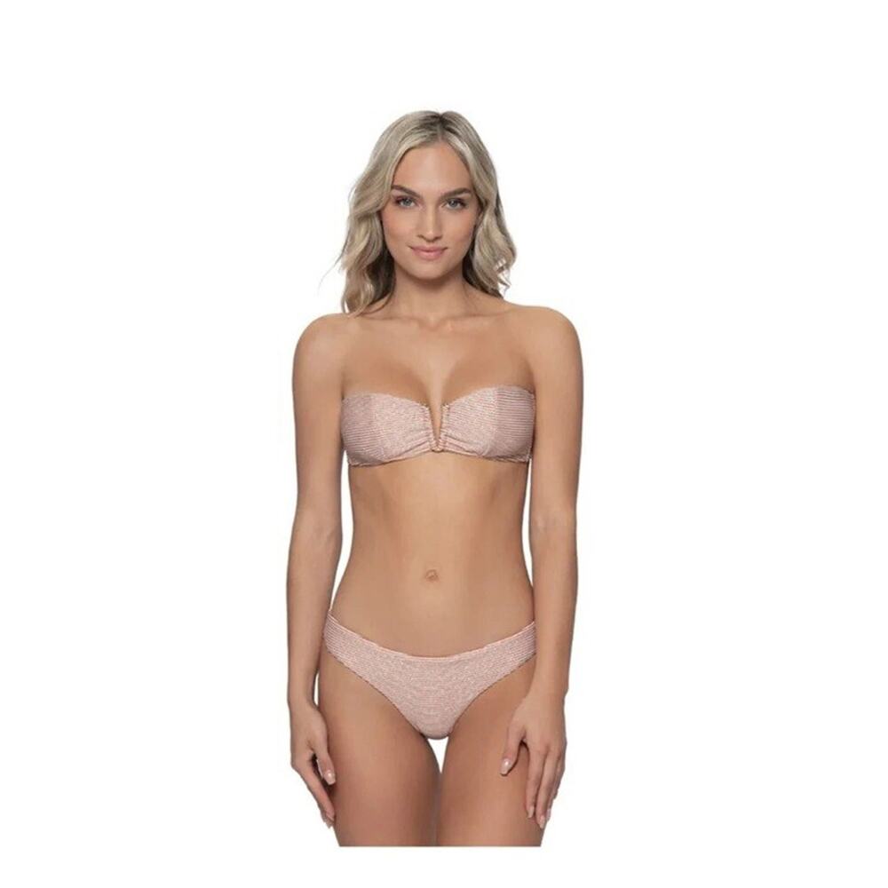 Pilyq PQ Aperol Stripe Orange Ruched Bandeau D Cup S Full Bottom NEW - Picture 2 of 10